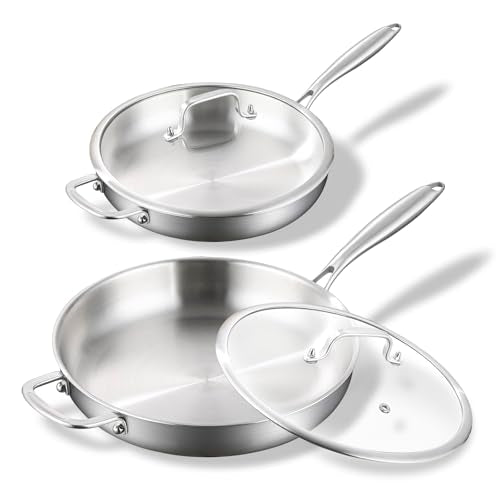 DELARLO Tri-ply Stainless Steel Kitchen Cookware Frying Pan Set with Lid 12" 14" Induction large Skillets Chef's Pan,Pots and Pans Set Kitchen Cookware Set Suitable for All Stove