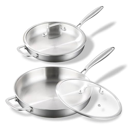 DELARLO Tri-ply Stainless Steel Kitchen Cookware Frying Pan Set with Lid 12" 14" Induction large Skillets Chef's Pan,Pots and Pans Set Kitchen Cookware Set Suitable for All Stove