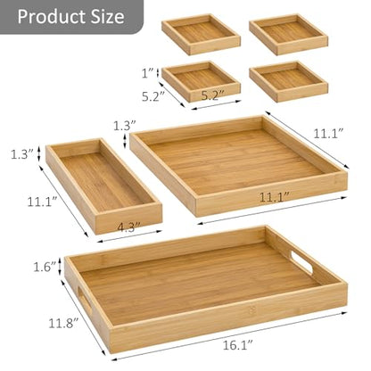 Wood Serving Trays with Handles, Set of 7 Rectangular Platters, Nesting Bamboo Tray for Breakfast in Bed, Entertaining, Couch, Party, Breakfast, Coffee Table, Home Decor
