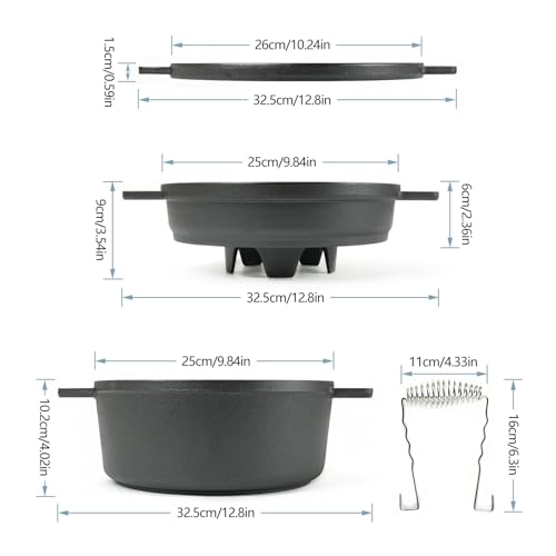 HAWOK 5 piece Stove Set, Pre-Seasoned Cast Iron Charcoal Grill Stove with 4QT Dutch Oven, with Multipurpose Lid, Five-Leg Buffet Tray, Multipurpose BBQ Stove Set