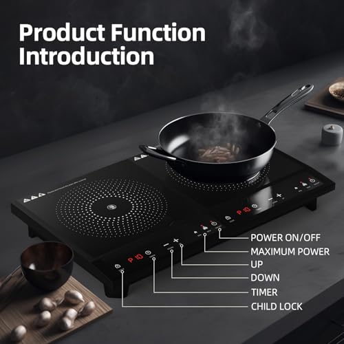 Waatfeet Double Induction Cooktop,Portable Induction Cooker with 2 Burner Independent Control,Ultrathin Body,10 Temperature,1800W-Multiple Power Levels,3 Hour Timer,Safety Lock