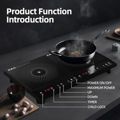 Waatfeet Double Induction Cooktop,Portable Induction Cooker with 2 Burner Independent Control,Ultrathin Body,10 Temperature,1800W-Multiple Power Levels,3 Hour Timer,Safety Lock