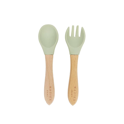 NaziraBaby Baby Self Feeding All Natural Beech Wood Fork and Spoon Set - BPA Free, Toddler Tableware, Suitable For Stage 1 Babies - Soft Curved Food Grade Silicone Head (Magic Mint)