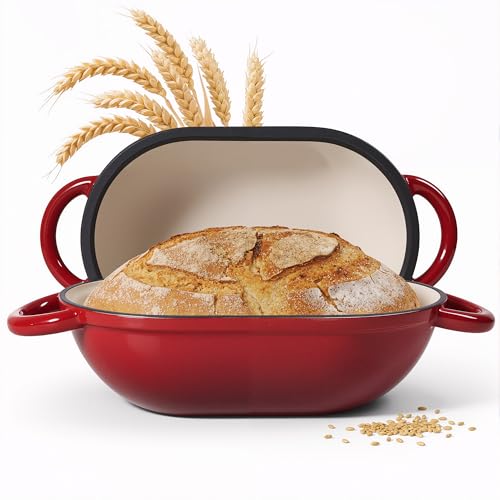 2 QT Oval Dutch Oven for Bread Baking, Enamelled Cast Iron Bread Oven for Sourdough, Sourdough Loaf Pan with Lid, Heavy-Duty Non Stick Bread Pan for Homemade Bread Baking, Red
