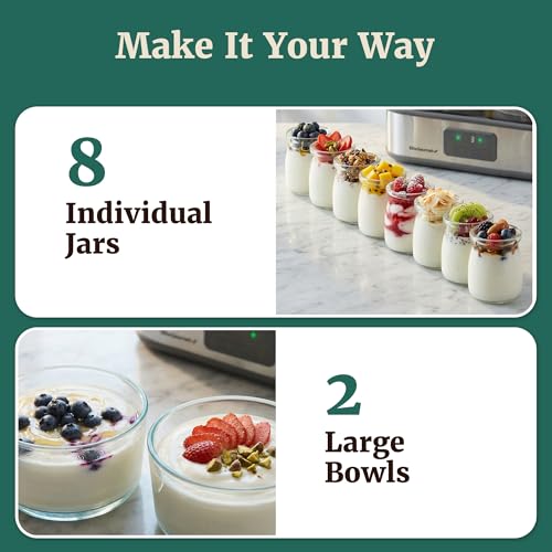 Elite Gourmet ProBioticPRO™ Digital Yogurt Maker, Programmable Temp & Time Control (68–127°F), Includes 8 Glass Jars (6 oz) + 2 Large 1-Qt Bowls, Stainless Steel, Auto Shut-Off