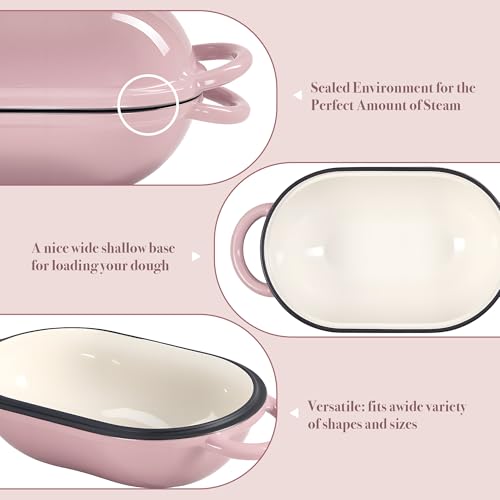 2 QT Oval Dutch Oven for Bread Baking, Enamelled Cast Iron Bread Oven for Sourdough, Sourdough Loaf Pan with Lid, Heavy-Duty Non Stick Bread Pan for Homemade Bread Baking, Pink