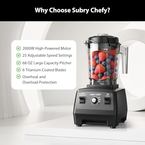 Subry Chefy Countertop Blender Pro 2000W, Professional High-Speed Blender with Powerful Brushless Motor, 25-Speed, 68oz, Heavy Duty Kitchen Blender for Smoothies, Ice Crushing & Food Prep, Black