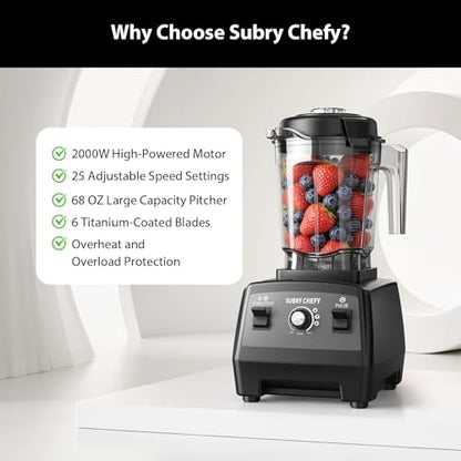 Subry Chefy Countertop Blender Pro 2000W, Professional High-Speed Blender with Powerful Brushless Motor, 25-Speed, 68oz, Heavy Duty Kitchen Blender for Smoothies, Ice Crushing & Food Prep, Black
