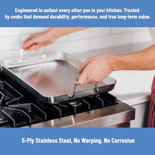Misen Stainless Steel Roasting Pan with Handles - Versatile 5-Ply Design, Easy Grip Handles, Multi-Functional Cooking, Ideal for Baking, Searing, & Roasting, Superior Heat Conduction, Premium - 13"