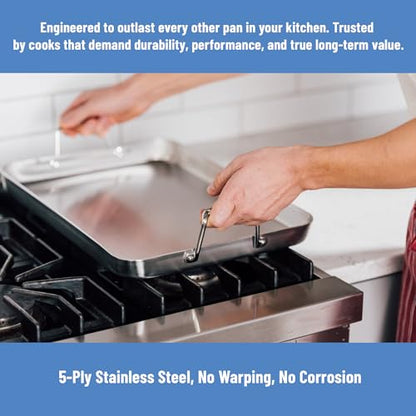 Misen Stainless Steel Roasting Pan with Handles - Versatile 5-Ply Design, Easy Grip Handles, Multi-Functional Cooking, Ideal for Baking, Searing, & Roasting, Superior Heat Conduction, Premium - 13"