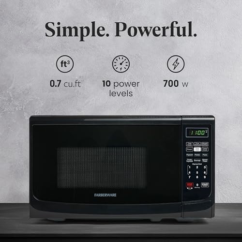 Farberware 0.7 Cu. Ft. Countertop Microwave Oven – 700 Watts Power, Auto Cook Settings, Defrost, Easy Clean and Child Safety Lock - Black