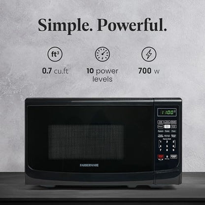 Farberware 0.7 Cu. Ft. Countertop Microwave Oven – 700 Watts Power, Auto Cook Settings, Defrost, Easy Clean and Child Safety Lock - Black