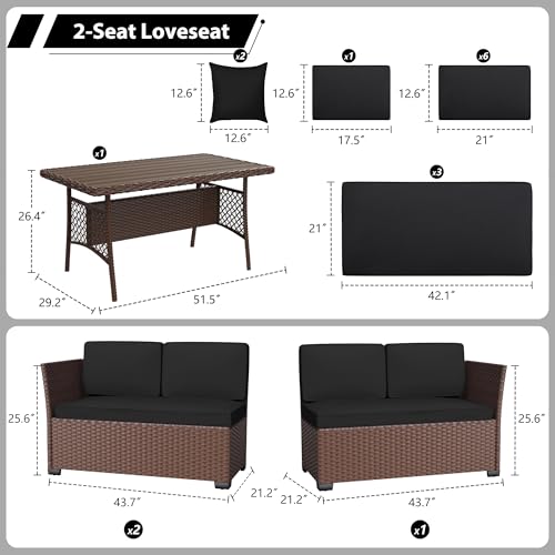 KIGOTY 7 Piece Patio Furniture Set, Outdoor PE Wicker Rattan Outdoor Dining Set, Patio Table and Chairs Set, Patio Conversation Sofa Set with Dining Table and Ottoman(Brown-Black)