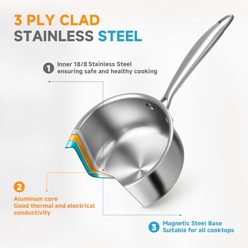 Ohtomber Tri-Ply Steamer for Cooking - Stainless Steel 3 Qt Saucepan with Lid, Medium Kitchen Induction Cooking Pot with Vegetable Food Steamer Basket, Non Stick Sauce Pan with Stay-Cool Handle