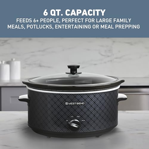 West Bend Slow Cooker 6-Quart Manual Crockery Style with Dishwasher Safe Oval Ceramic Crockpot and Glass Lid Two Temperature Settings Plus Keep Warm, 330-Watts, Black