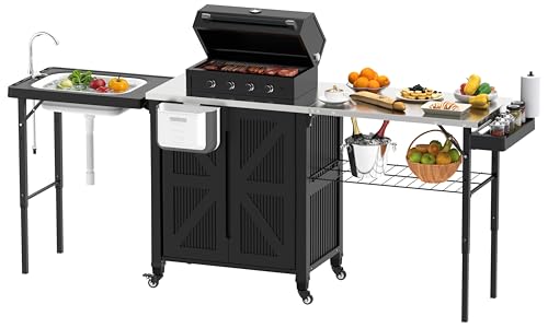 evixor Grill Cart with Foldable Sink, Outdoor Storage Cabinet, Outdoor Grill Cart with Wheels, Kitchen Island with Folding Trash Can for Barbecue, Backyard, Garden & Outdoor Kitchen