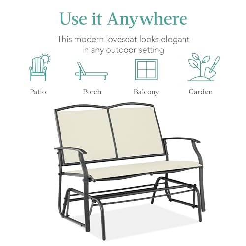 Best Choice Products 2-Person Outdoor Patio Swing Glider Steel Bench Loveseat Rocker for Deck, Porch w/Textilene Fabric, Steel Frame - Ivory/Gray