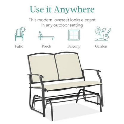 Best Choice Products 2-Person Outdoor Patio Swing Glider Steel Bench Loveseat Rocker for Deck, Porch w/Textilene Fabric, Steel Frame - Ivory/Gray