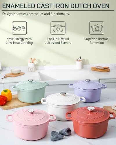 Ciwete 6 QT Dutch Oven Pot with Lid, Enameled Cast Iron Dutch Oven for Bread Making, Braiser, Cooking, Dual Handles, Oven Safe up to 500° F or on Stovetop, Gifts for Family - Mint Green