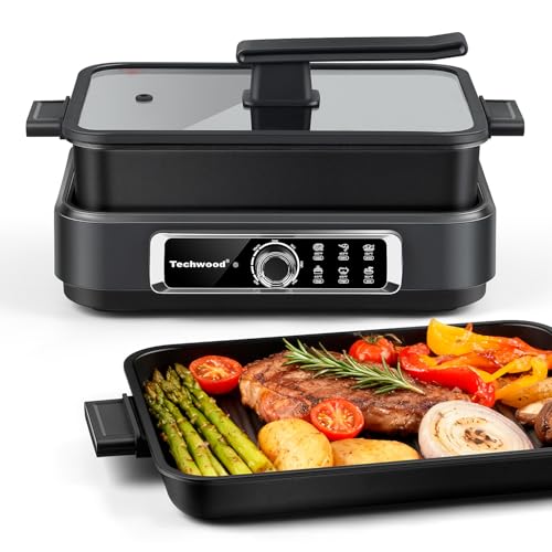 Slow Cooker, Techwood 1500W Electric Skillet 7.5-Quart Extra-large Capacity Multi-Cooker with 5-Level Heat Settings, Come with Non-stick Skillet Pan & Cooking Pot, Dishwasher Safe, Black