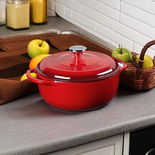 Lodge Essential Enamel Cast Iron Dutch Oven with Lid - 4.5 Quart - Oven-Safe Enamel Cookware up to 500° F - Heat-Retaining Braising & Roasting Pot - Non-Toxic Cookware - Island Spice Red