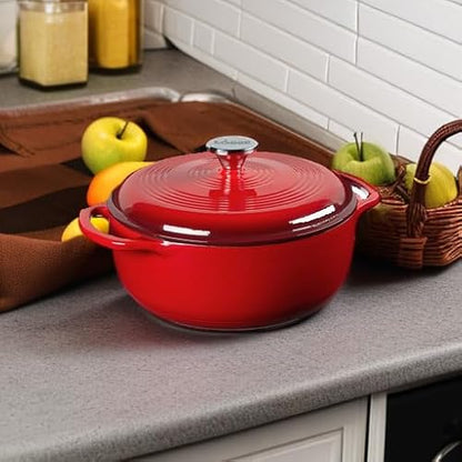 Lodge Essential Enamel Cast Iron Dutch Oven with Lid - 4.5 Quart - Oven-Safe Enamel Cookware up to 500° F - Heat-Retaining Braising & Roasting Pot - Non-Toxic Cookware - Island Spice Red