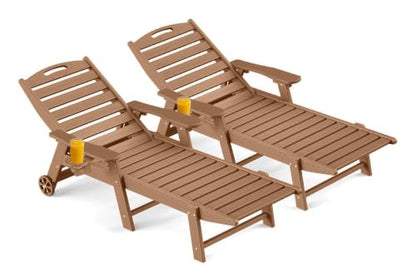 Ciokea Outdoor Chaise Lounge Chair Set of 2, Patio Lounge Chairs for Outside, HDPE Lounge Chair with Wheels & Cup Holder, Poly Chair with 5 Position for Poolside, Deck, Brown