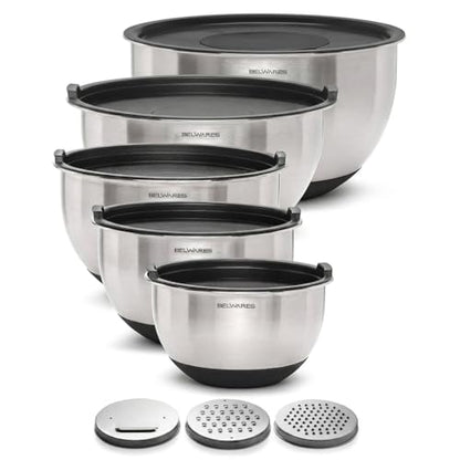 Belwares Mixing Bowls with Lids Set of 5 - Stainless Steel Mixing Bowl Set, Nesting Metal Bowls with Non Slip Bottoms + 3 Grater Attachments, Airtight Lids for Baking, Food Prep + Storage, Black