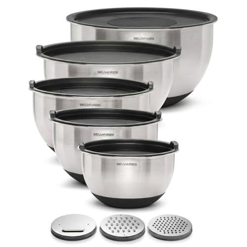 Belwares Mixing Bowls with Lids Set of 5 - Stainless Steel Mixing Bowl Set, Nesting Metal Bowls with Non Slip Bottoms + 3 Grater Attachments, Airtight Lids for Baking, Food Prep + Storage, Black