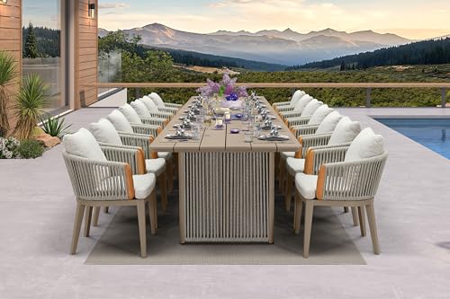 PURPLE LEAF Outdoor Dining Set 15 Pieces Olefin Fabric Teak Armrest Beige