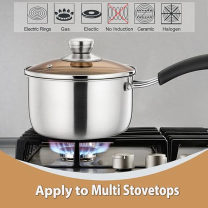 P&P CHEF 2 Quart Saucepan Small Pot, Stainless Steel Saucepan with Lid, Small Sauce Pan for Home Kitchen Restaurant Cooking, Visible Glass lid & Bakelite Heat-Proof Handles,Dishwasher Safe, 1 Pc