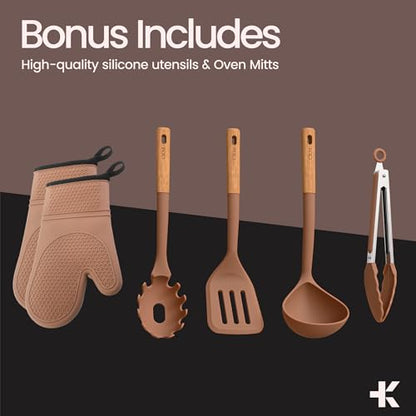 Crystal Kung Minkoff Ceramic Cookware Set – 14-Piece Pots and Pans Set with Lids, Silicone Utensils & Oven Mitts, Nonstick and Non-Toxic, PTFE/PFAS Free, Dishwasher & Stovetop Safe Up to 500°F
