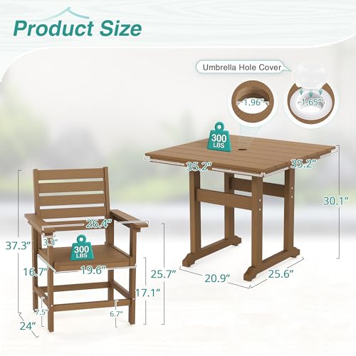 Homenjoy 5 Piece Patio Dining Set, 35" Square HDPS Weather Resistant Outdoor Table & 4 Patio Chairs Set with 1.96" Umbrella Hole, Heavy Duty for Small Space Backyard Balcony, Brown