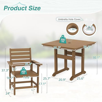 Homenjoy 5 Piece Patio Dining Set, 35" Square HDPS Weather Resistant Outdoor Table & 4 Patio Chairs Set with 1.96" Umbrella Hole, Heavy Duty for Small Space Backyard Balcony, Brown