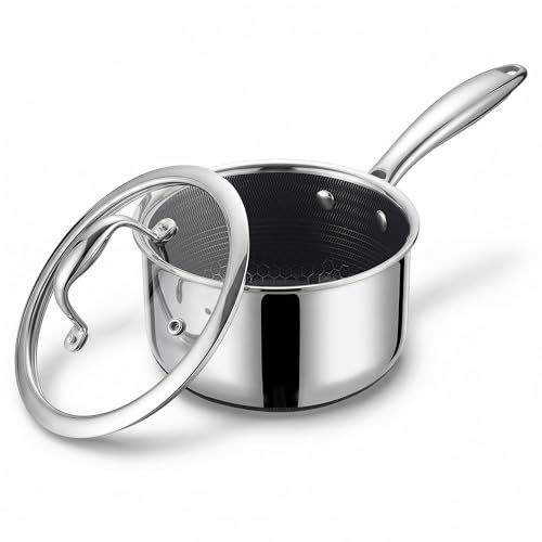 KC-Emier 1-Quart Nonstick Saucepan with Lid, Tri-Ply Stainless Steel Pot with Stay-Cool Handle & All Cooktop Compatibility (Gas, Ceramic, Electric) - Non-Stick