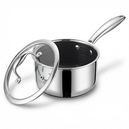 KC-Emier 1-Quart Nonstick Saucepan with Lid, Tri-Ply Stainless Steel Pot with Stay-Cool Handle & All Cooktop Compatibility (Gas, Ceramic, Electric) - Non-Stick