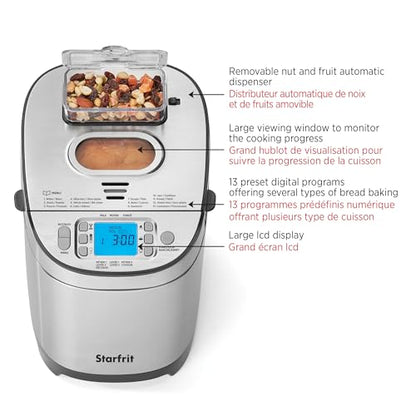 Starfrit Electric Bread Maker - 2lb Loafs - Non-Stick Removable Pan - Automatic Nut Dispenser - 13 Preset Programs - 550W