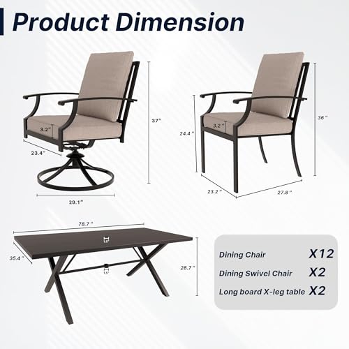 RTDTD 16 PCS Outdoor Patio Dining Set,Patio Table and Chairs Metal Outdoor Patio Furniture Set with Umbrella Hole,Dining Table Set with Swivel Chairs for Deck,Backyard and Garden,Brown