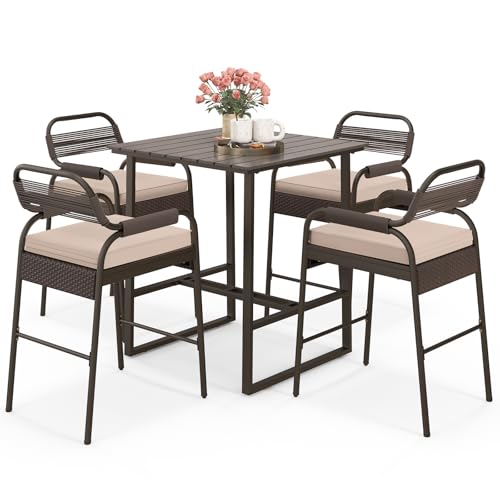 Tangkula 5-Piece Patio Rattan Bar Set, Counter Height Square Table with 4 Wicker Counter Stools, All-Weather Tabletop, Cushioned Outside Dining Set for Poolside, Backyard (Brown)