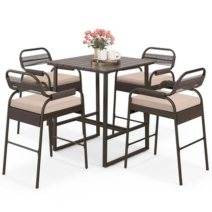 Tangkula 5-Piece Patio Rattan Bar Set, Counter Height Square Table with 4 Wicker Counter Stools, All-Weather Tabletop, Cushioned Outside Dining Set for Poolside, Backyard (Brown)