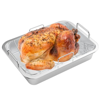 Onlyfire Roasting Pan with U-Rack - Stainless Steel Barbecue Bakeware Roaster, 16 Inch Rectangular Turkey Roaster Lasagna Pan for Roasting Turkey, Chicken, Meat & Vegetables, Oven Safe