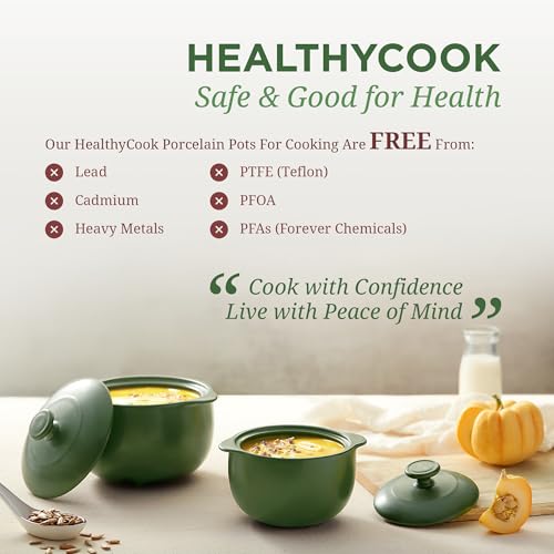 MINH LONG 1-Qt Porcelain Dutch Oven with Lid – Lead & Cadmium Free, Oven Safe to 482°F, Heat Retention, Clay Pot for Cooking on Gas & Infrared Cooktop, Use to Marinate, Cook, Bake, Refrigerate & Serve