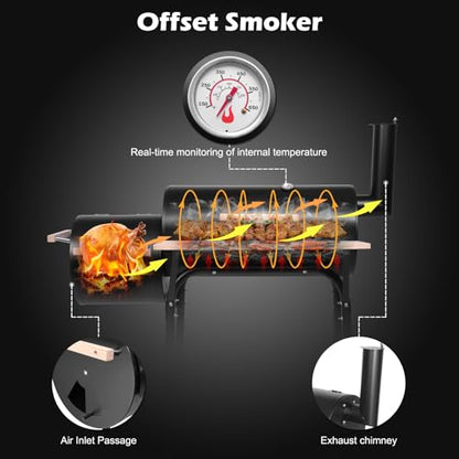 Karl home Charcoal Grill Offset Smoker, Charcoal Barbecue Grills with Spacious Cooking Area, Barrel BBQ Grill and Smokers Combo for Outdoor Balcony Picnics Party Camping