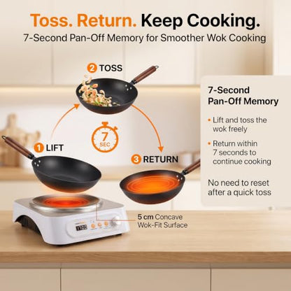 NESTIQEX Concave Induction Wok Cooktop Set, 1700W 120V Portable Induction Burner Electric Hot Plate with 13.4" Carbon Steel Wok, Glass Lid & Rack, Upgraded Steady Heat Control for Stir Fry & Hot Pot