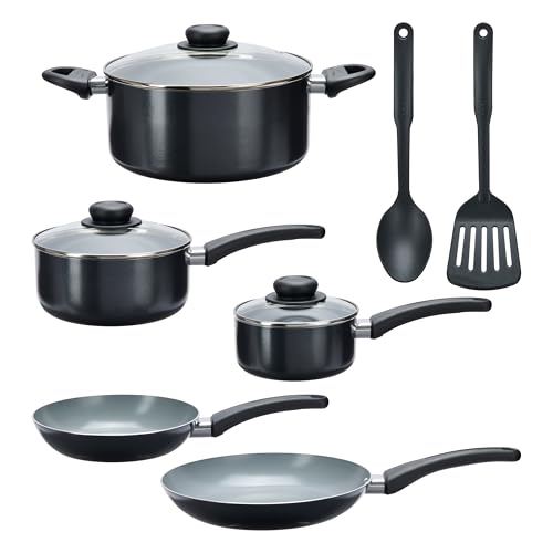 GoodCook Everyday Ceramic Nonstick Cookware Set Includes 8 & 10-Inch Fry Pans 1 & 2-Quart Covered Sauce Pans 4.7-Quart Covered Dutch Oven Turner and Basting Spoon, 10-Piece, Black