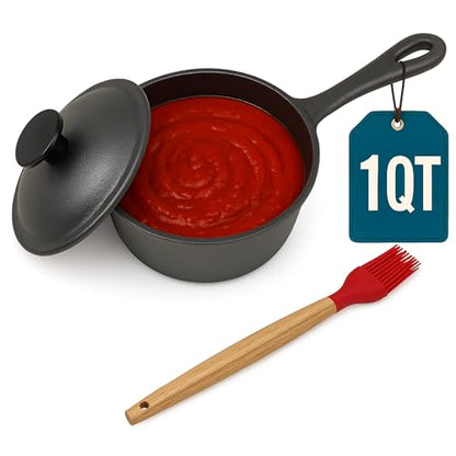 1 QT Cast Iron Sauce Pot with Lid & Wood Brush for Basting, Melting, Simmering Sauce, Butter & Cheese - Built for Cooking, Grilling & Camping - 932°F Max Even Heat Distribution - Professional Grade