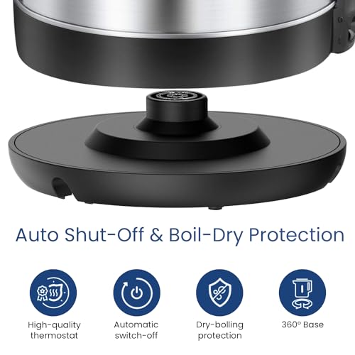 Comfee 1.7L Stainless Steel Electric Tea Kettle, BPA-Free Hot Water Boiler, Cordless with LED Light, Auto Shut-Off and Boil-Dry Protection, 1500W Fast Boil