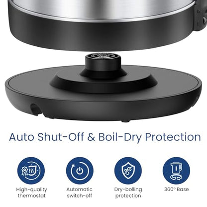 Comfee 1.7L Stainless Steel Electric Tea Kettle, BPA-Free Hot Water Boiler, Cordless with LED Light, Auto Shut-Off and Boil-Dry Protection, 1500W Fast Boil