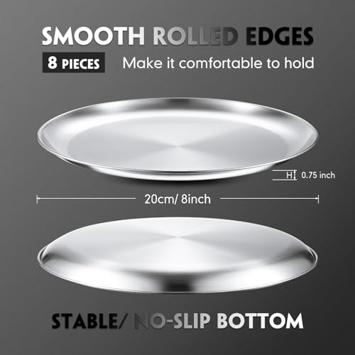 Thenshop 8 Pieces 8 Inch Pizza Pans Bulk Stainless Steel Sets Round Bakeware Pizza Trays for Oven Freezer Kitchen Baking Home Restaurant Picnics Safe Sturdy Reusable Easy Clean(Silver)