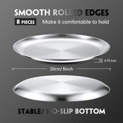 Thenshop 8 Pieces 8 Inch Pizza Pans Bulk Stainless Steel Sets Round Bakeware Pizza Trays for Oven Freezer Kitchen Baking Home Restaurant Picnics Safe Sturdy Reusable Easy Clean(Silver)